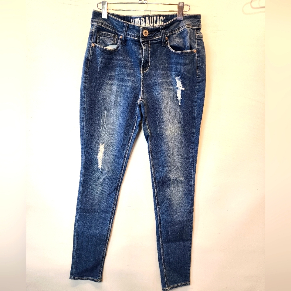 Hydraulic Distressed Skinny Jeans Blue Embellished Pockets Size 7 / 8